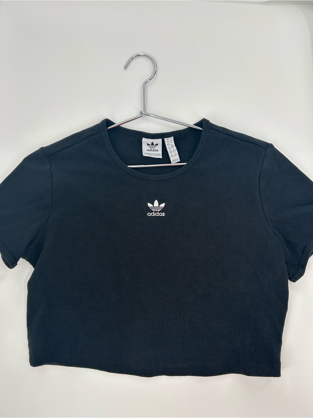 Adidas Black Trefoil Logo Ribbed Short Sleeve Crop Top XL